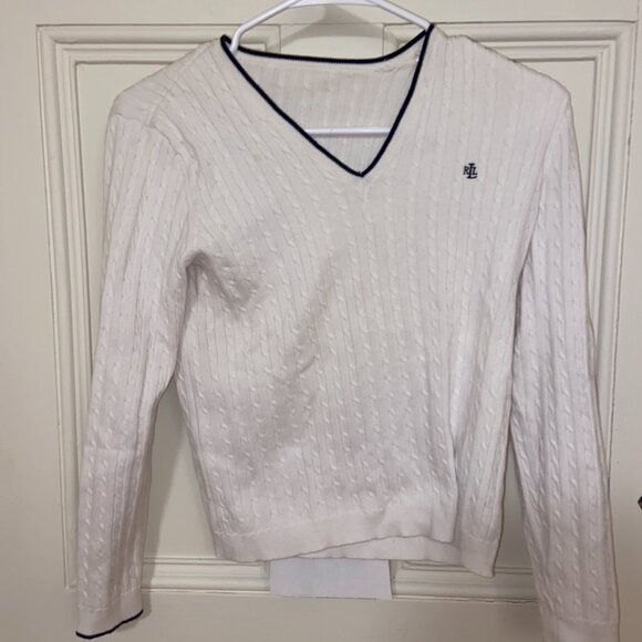 Polo Ralph Lauren Cable Knit White Navy Cotton V Neck Pullover - Picture 4 of 5
